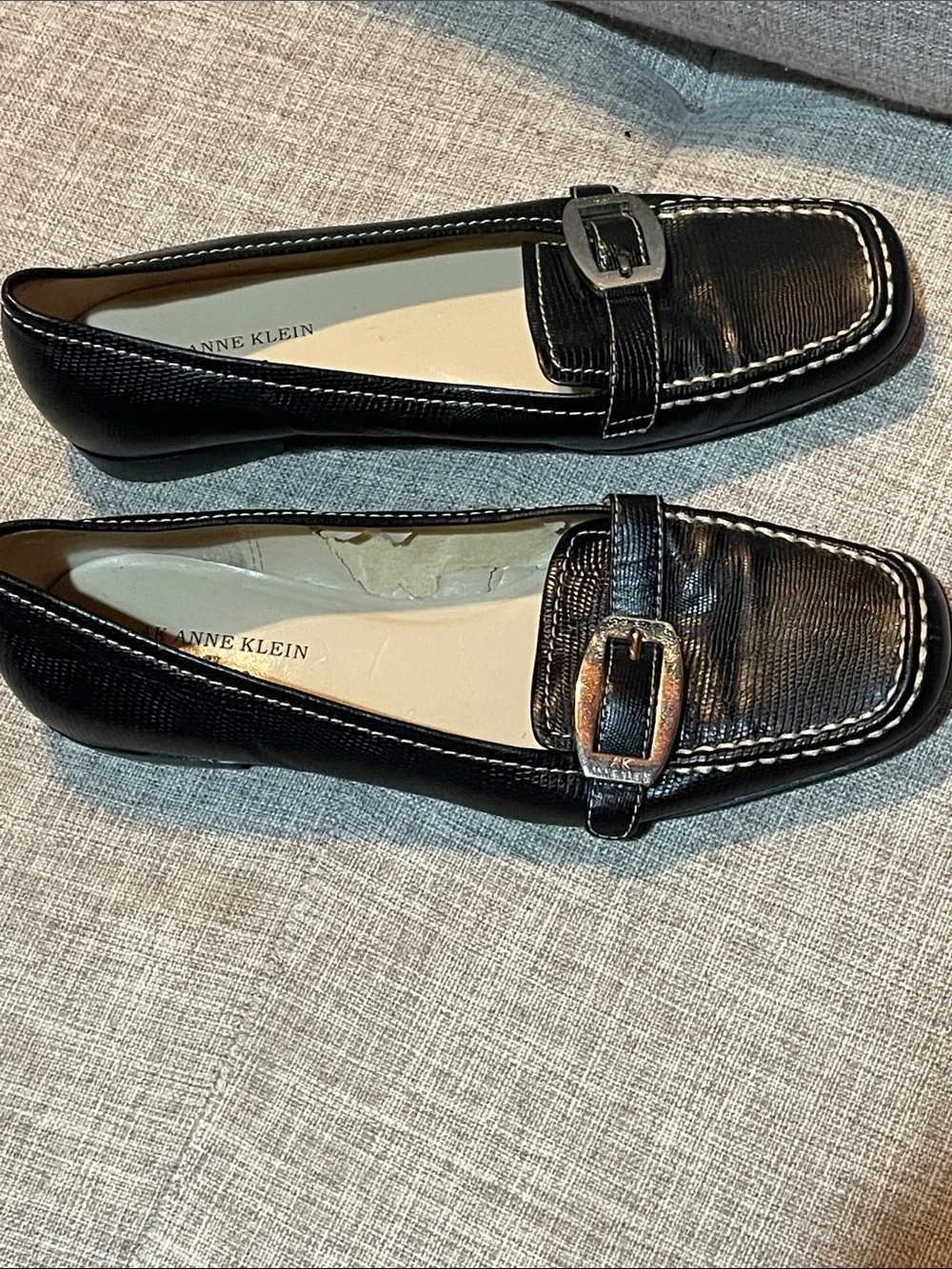 Anne Klein iFlex Black Leather Loafers Buckle Comfort Shoes Women’s Size 7.5M